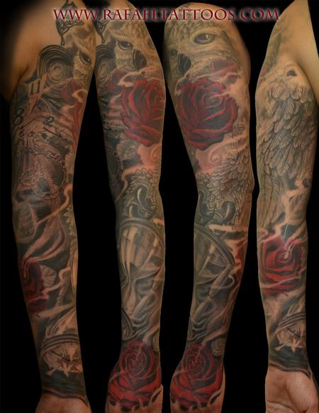 Tattoos - Black and grey Owl with roses and timepieces sleeve - 101176